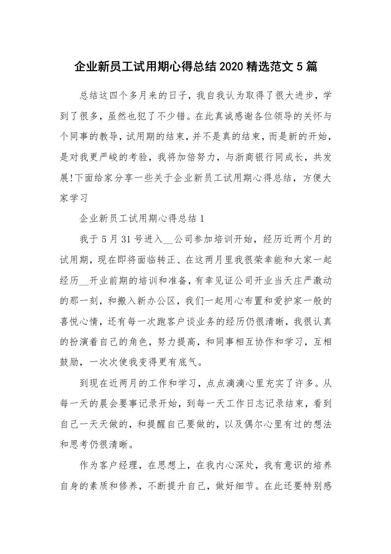 工作心得_企业新员工试用期心得总结2020精选范文5篇