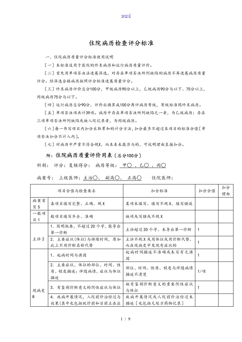 住院病历检查评分标准