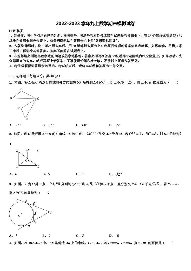 2023届林芝九年级数学第一学期期末学业水平测试试题含解析