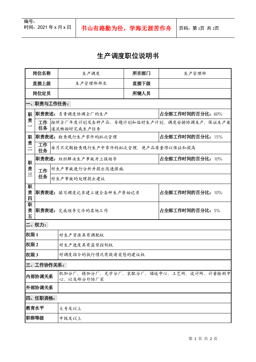 仪器生产企业他也生产调度职位说明书