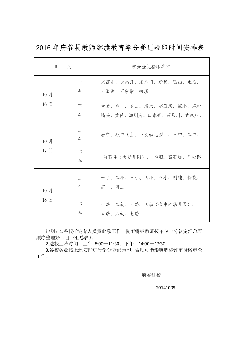 2016府谷县教师继续教育学时登记验印时间安排表