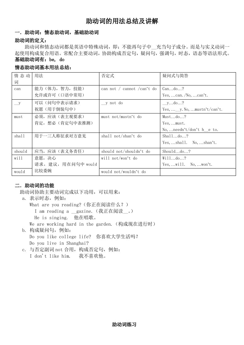 情态动词和助动词的用法详解及练习