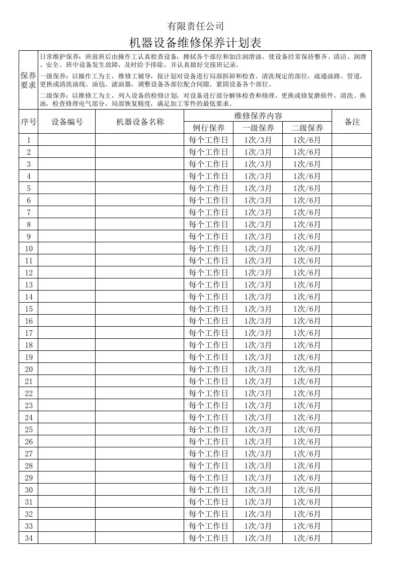 设备维修保养计划表