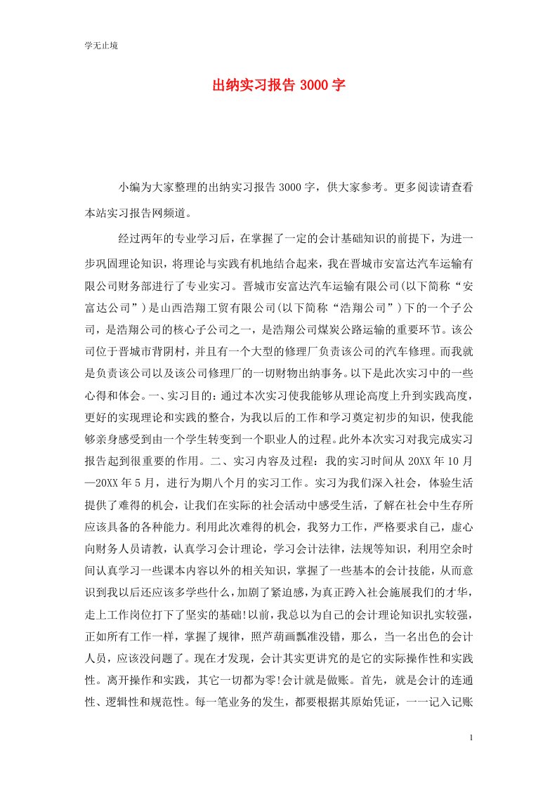 精选出纳实习报告3000字