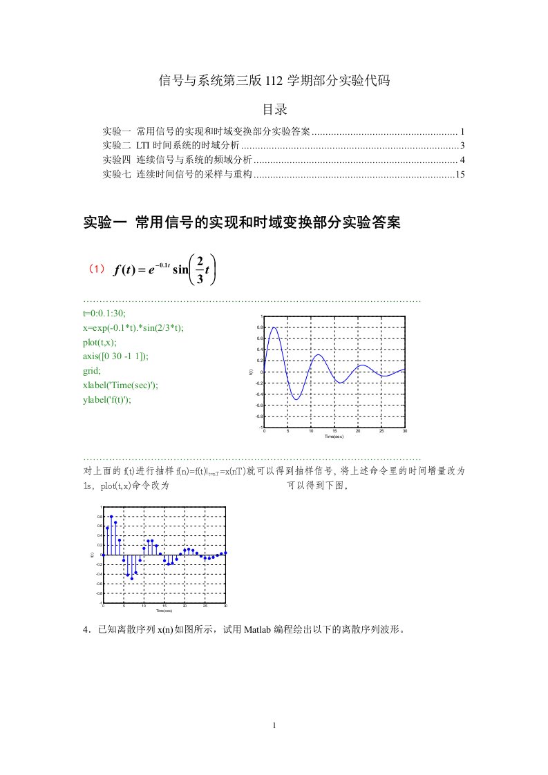 信号与系统部分实验matlab代码-供参考