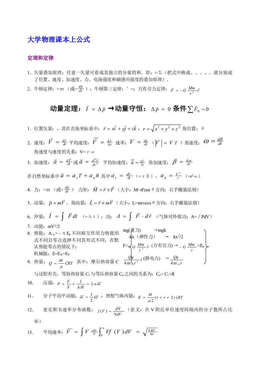 大学必备物理公式总结