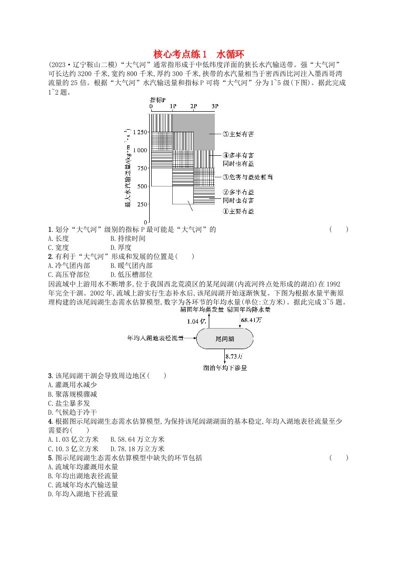 适用于老高考旧教材2024版高考地理二轮复习素养升级练专题3水体运动规律核心考点练1水循环