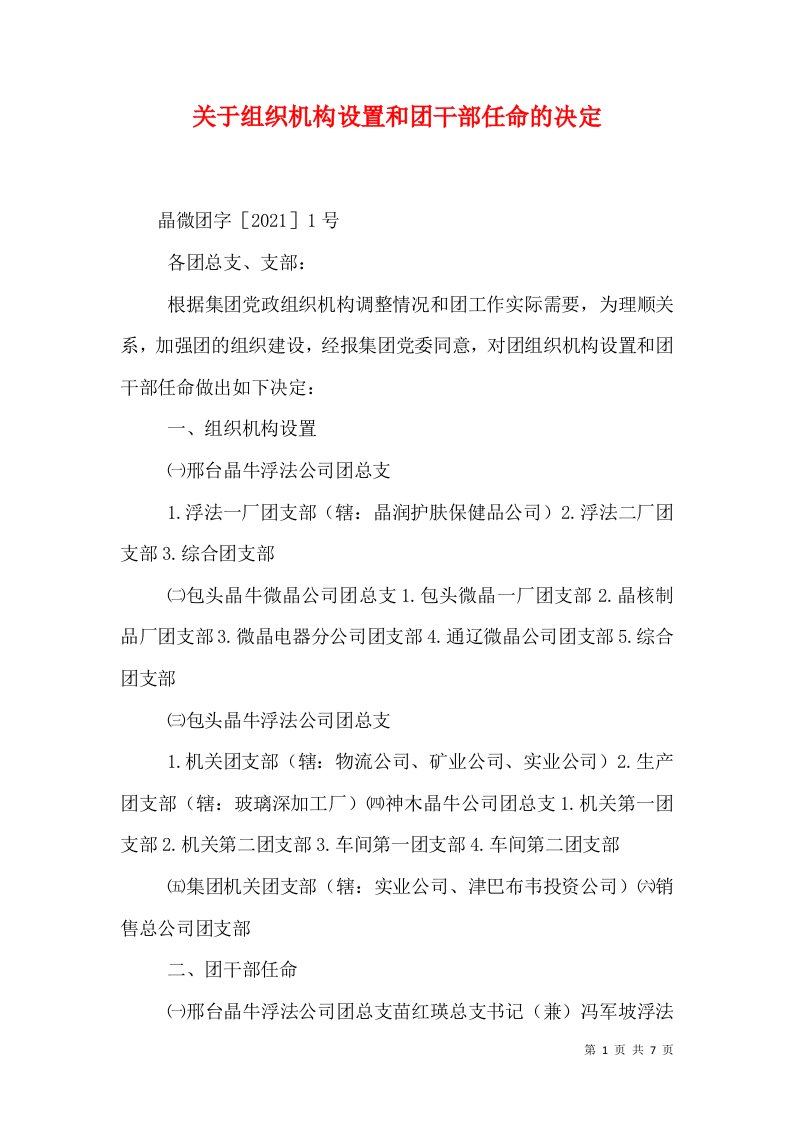 关于组织机构设置和团干部任命的决定