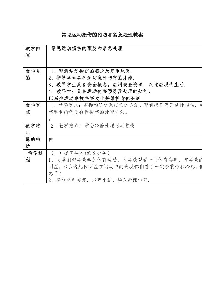 常见运动损伤的预防和紧急处理教案