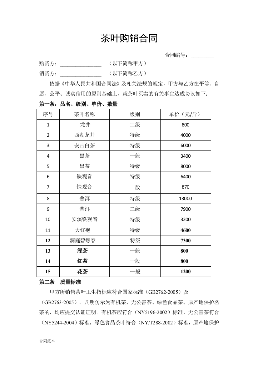 2018年茶叶购销合同书