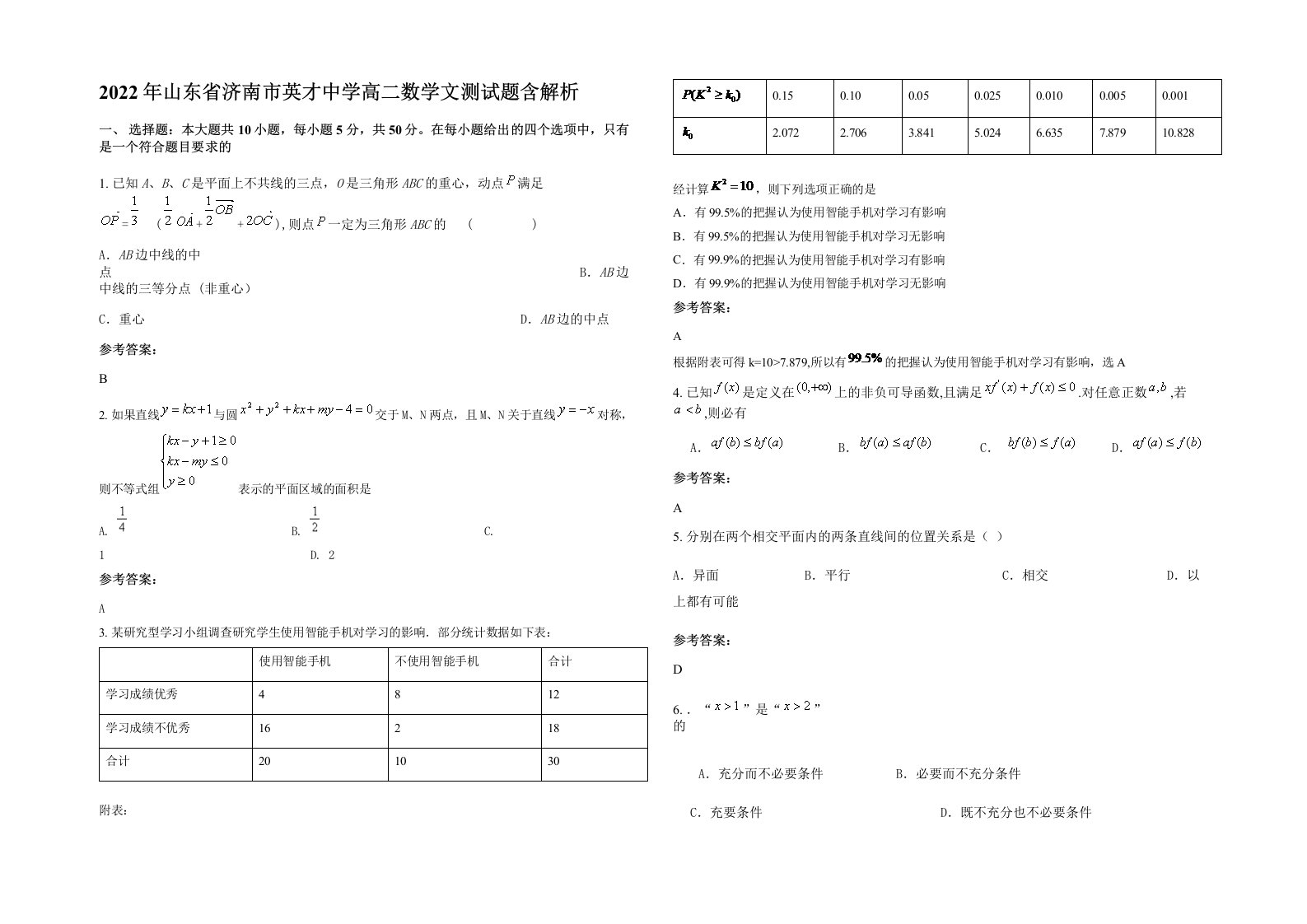 2022年山东省济南市英才中学高二数学文测试题含解析