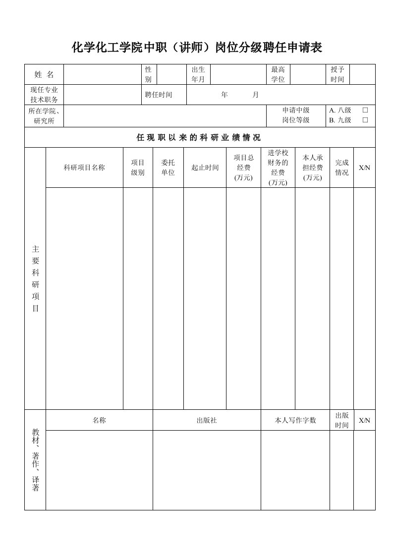 化学化工学院中职讲师岗位分级聘任申请表