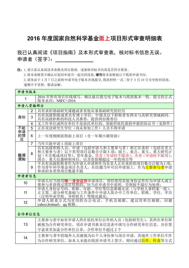 国家自然科学基金面上项目形式审查明细表