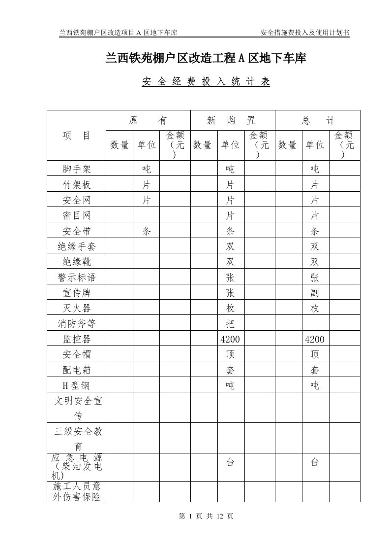 安全措施费用投入使用计划书及项目明细表