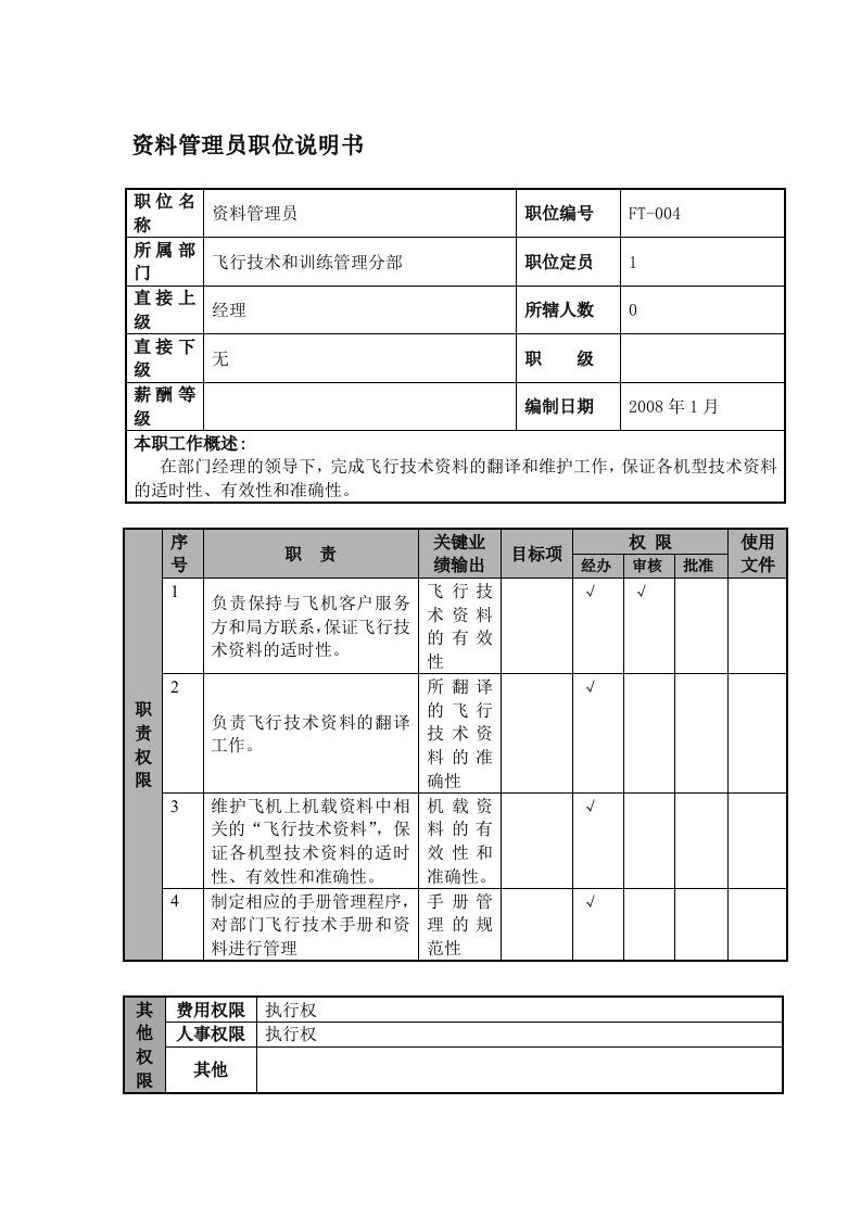 某航空物流公司资料管理员职位说明书及关键绩效标准