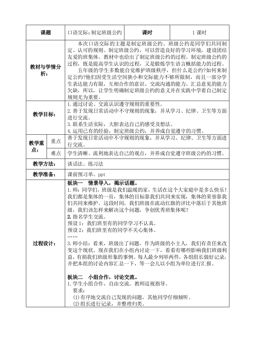 中小学口语交际制定班级公约教学设计公开课教案教学设计课件案例测试练习卷题