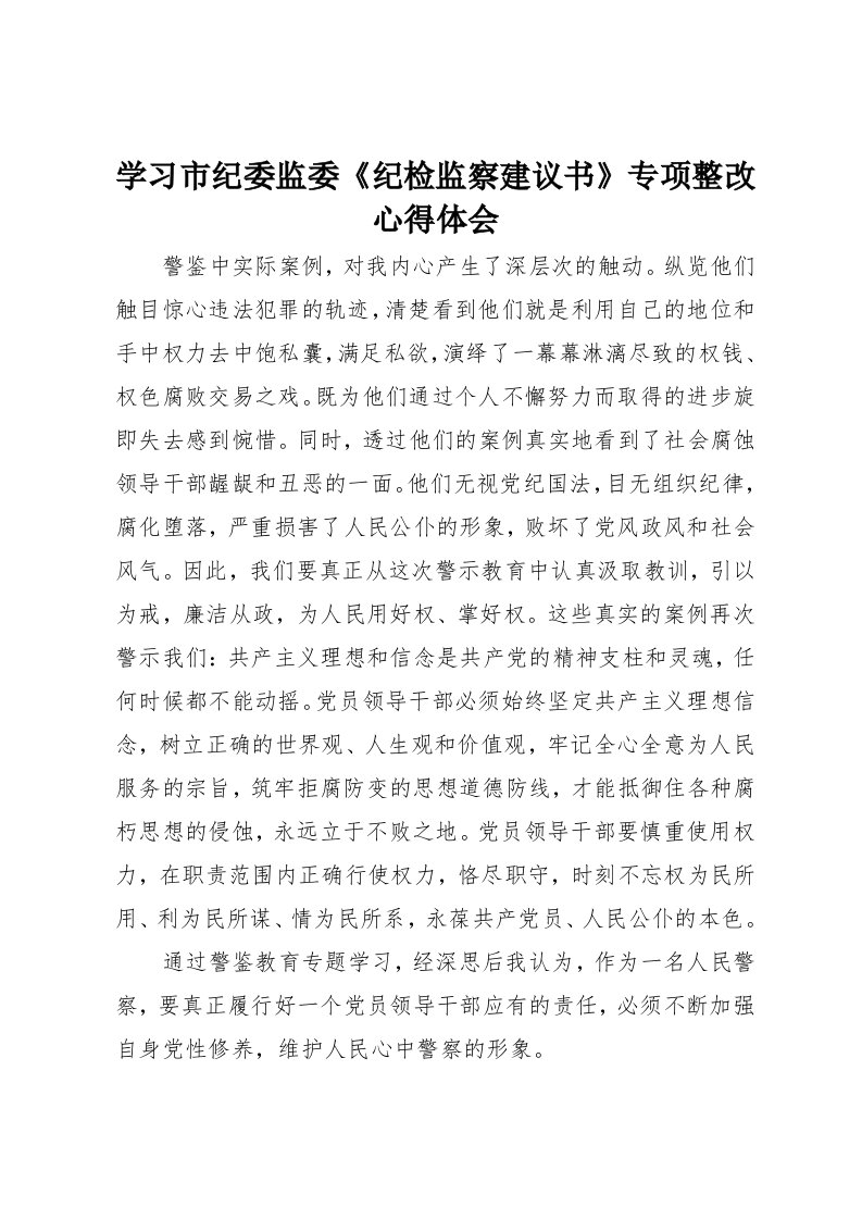 学习市纪委监委《纪检监察建议书》专项整改心得体会