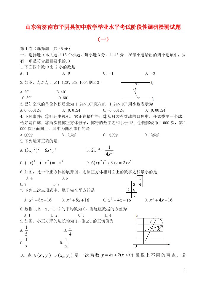 山东省济南市平阴县初中数学学业水平考试阶段性调研检测试题（一）