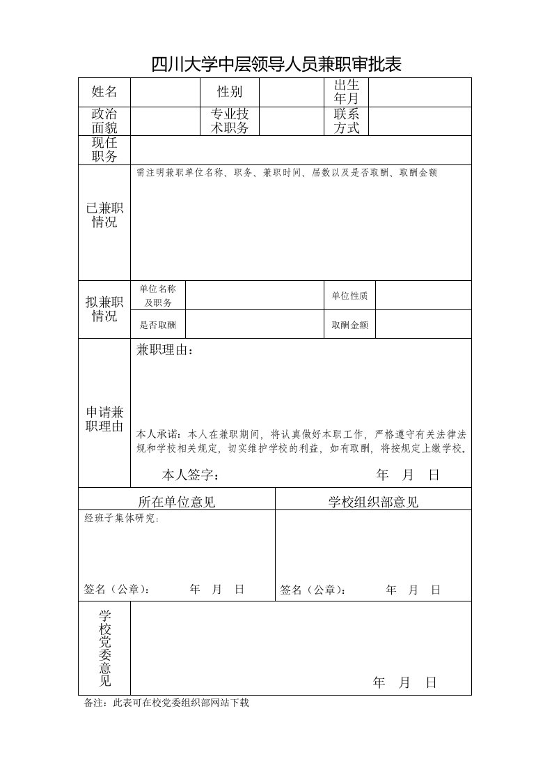 四川大学中层领导人员兼职审批表