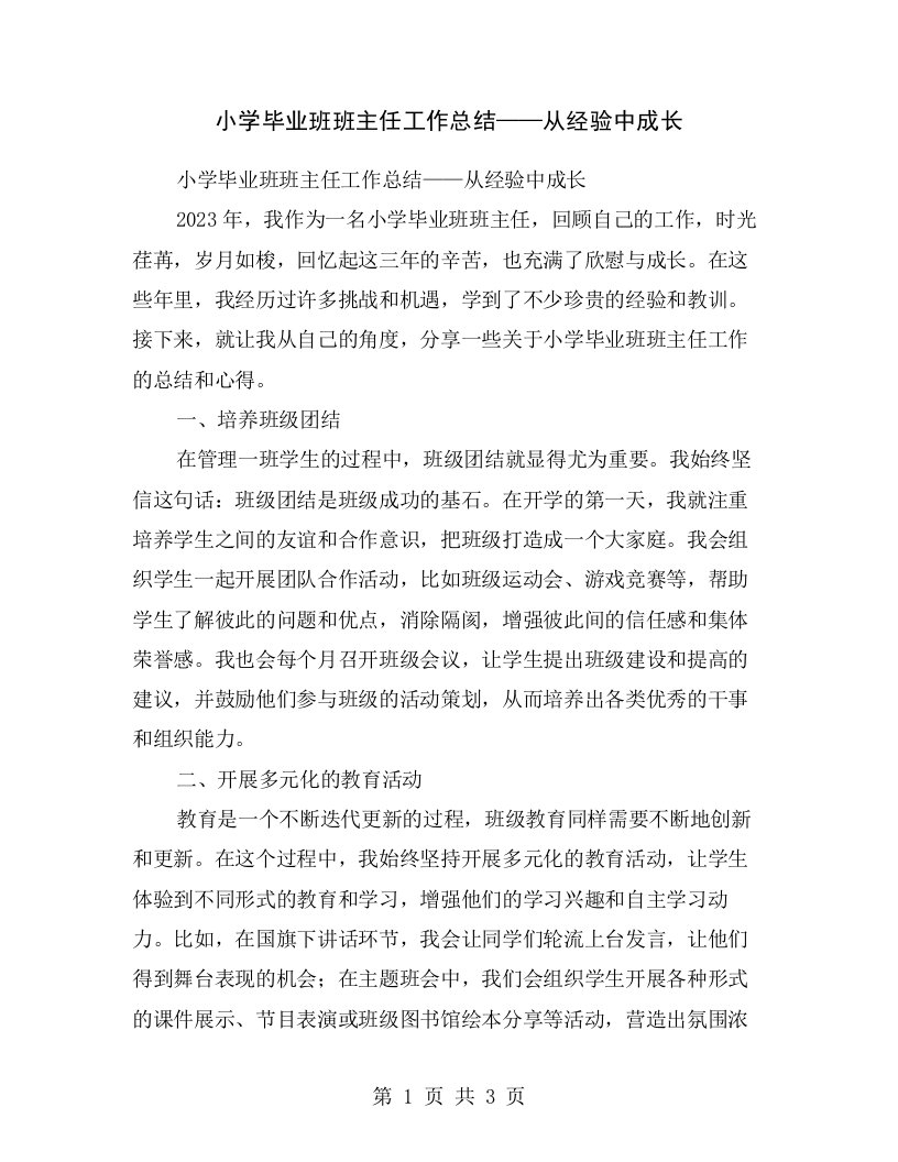 小学毕业班班主任工作总结——从经验中成长