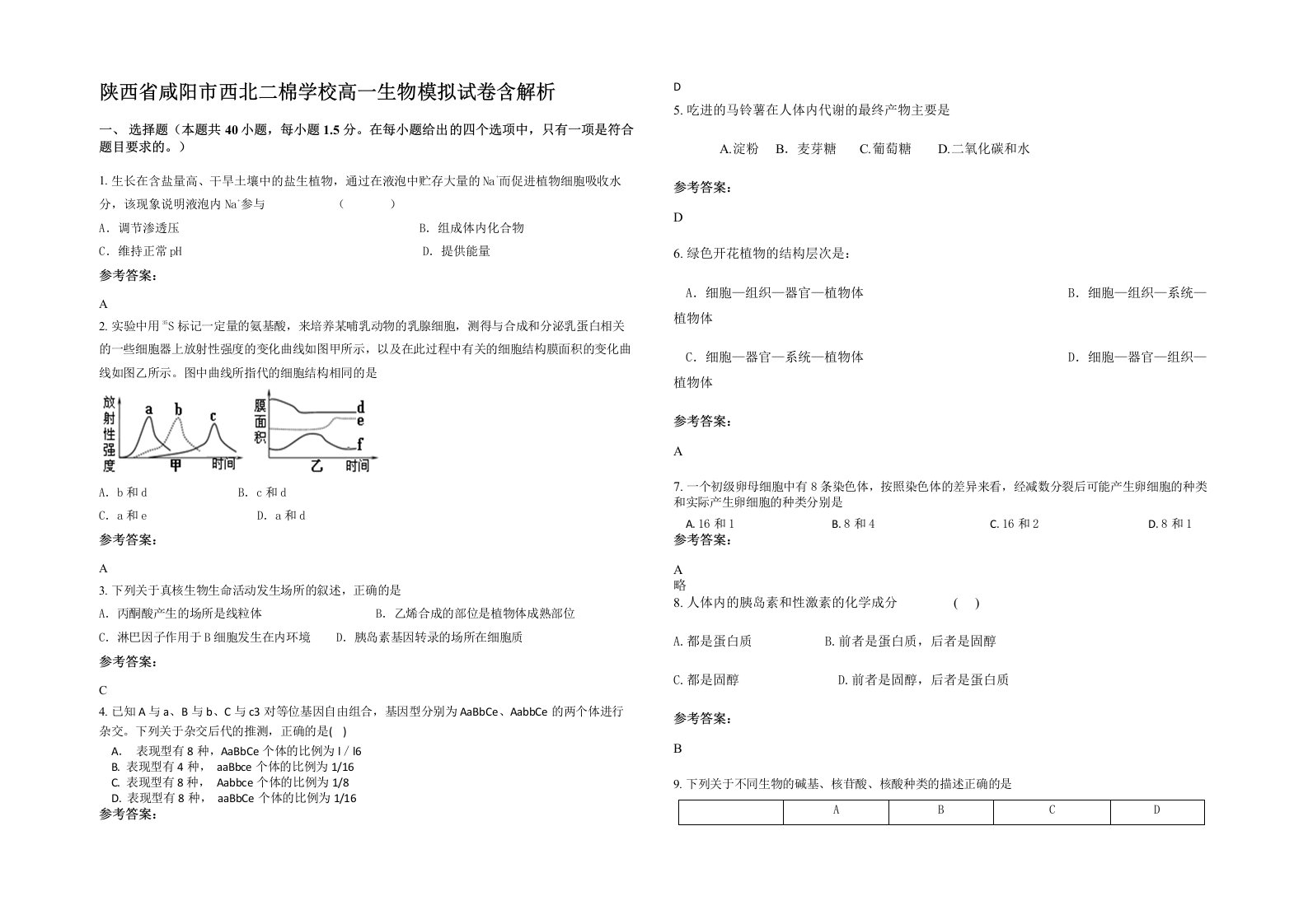 陕西省咸阳市西北二棉学校高一生物模拟试卷含解析