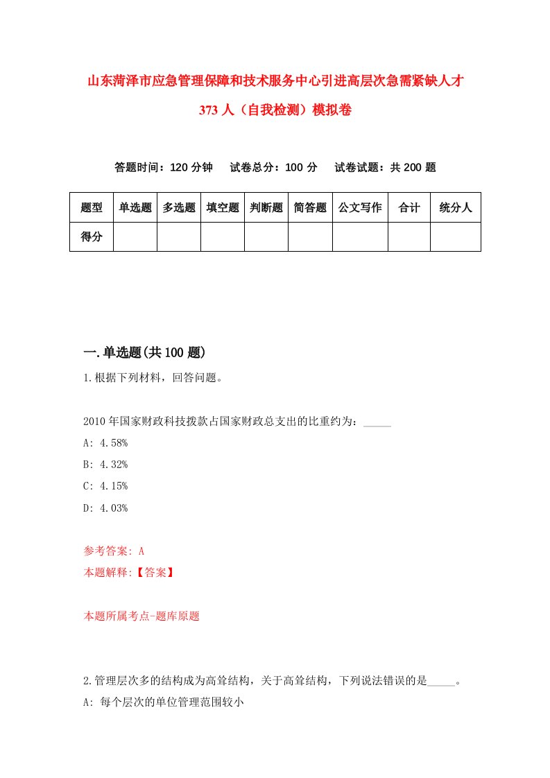 山东菏泽市应急管理保障和技术服务中心引进高层次急需紧缺人才373人自我检测模拟卷第3次