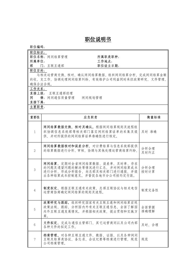 网间结算管理岗位说明书