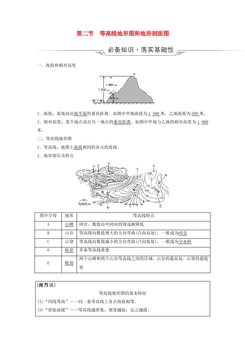 2024版高考地理一轮总复习第1章宇宙中的地球第2节等高线地形图和地形剖面图教师用书