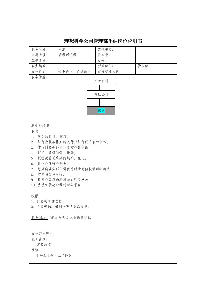 管理知识-理想科学公司管理部出纳岗位说明书