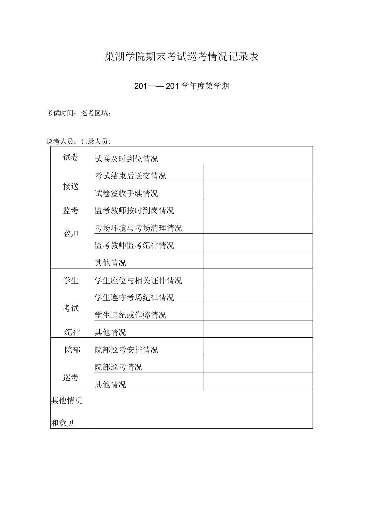 巢湖学院期末考试巡考情况记录表