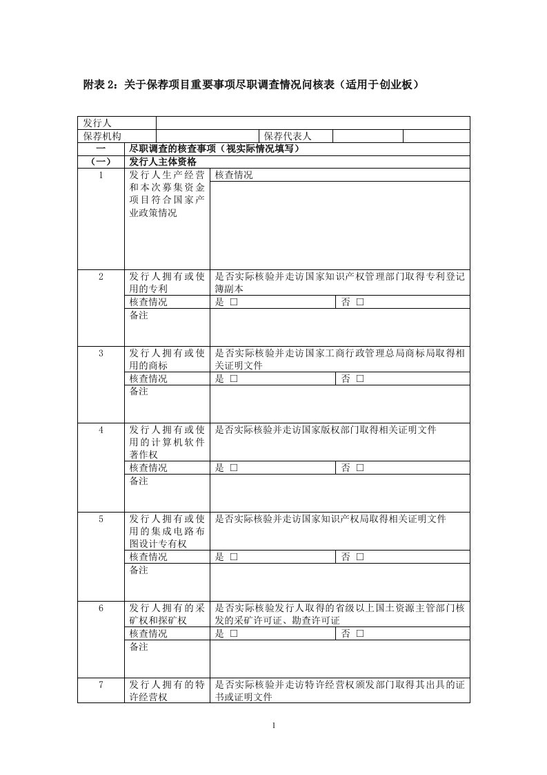 有关保荐项目重要事项尽职调查情况问核表(适用于创业板)