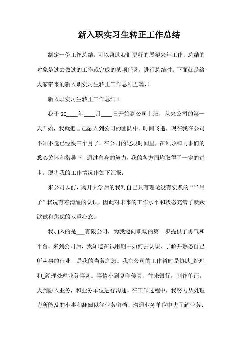 新入职实习生转正工作总结