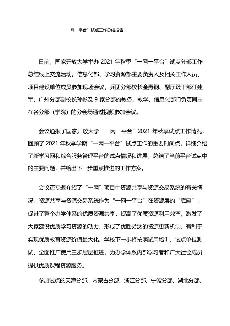 一网一平台”试点工作总结报告