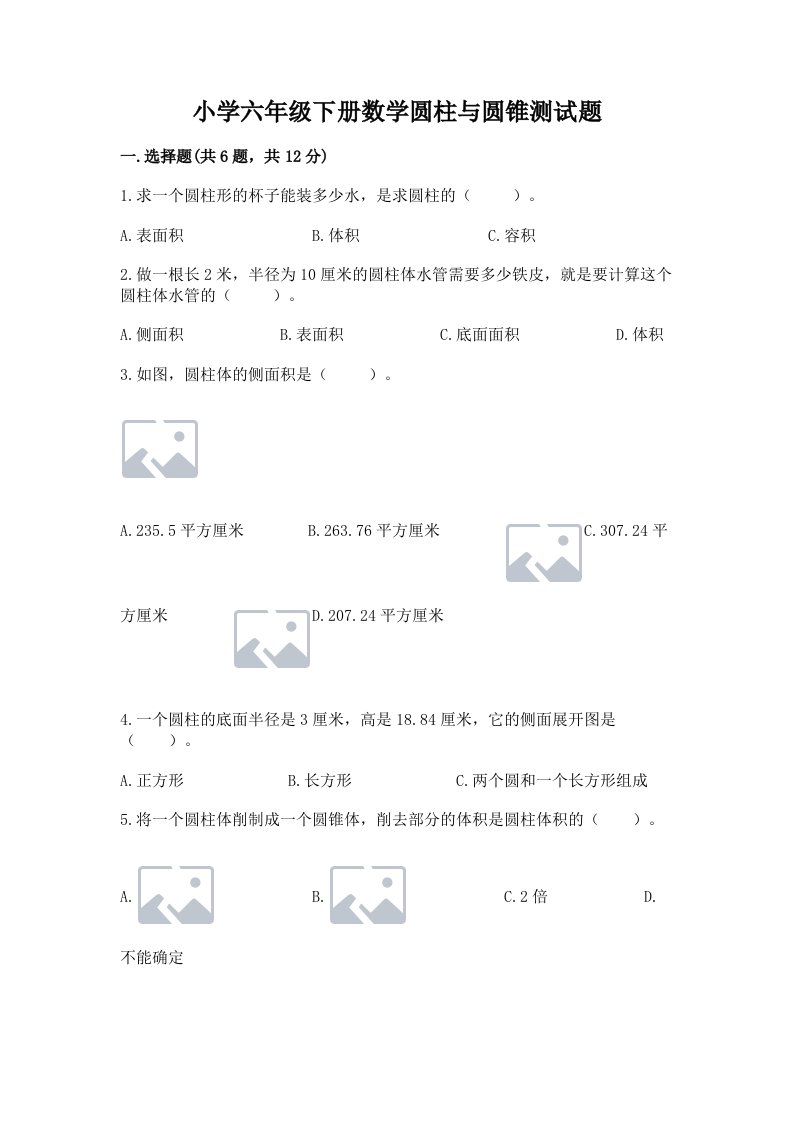 小学六年级下册数学圆柱与圆锥测试题附参考答案【巩固】