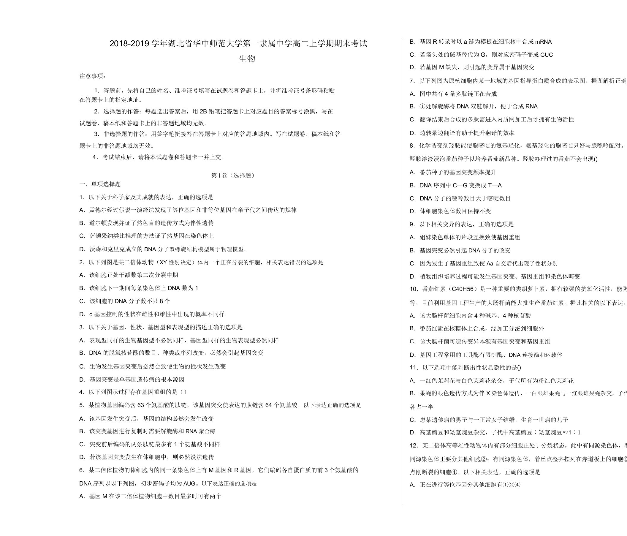 湖北省华中师范大学第一附属中学高二生物上学期期末考试试卷解析版