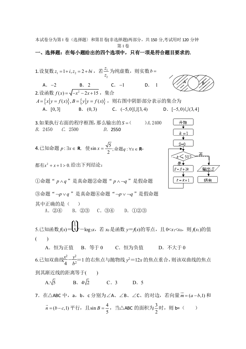 天津市渤海石油第一中学2013届高三模拟数学（理）试题WORD版无答案