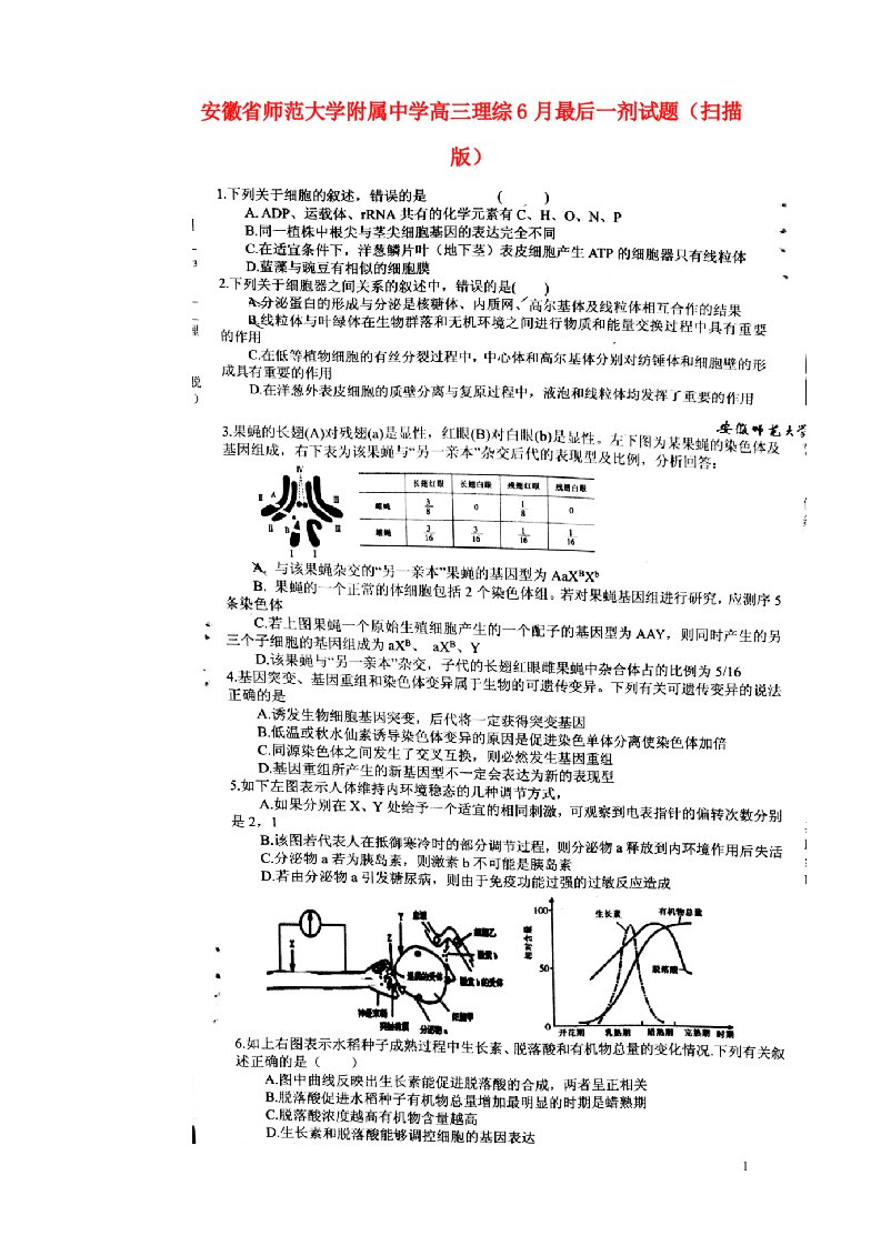 安徽省师范大学附属中学高三理综6月最后一剂试题（扫描版）