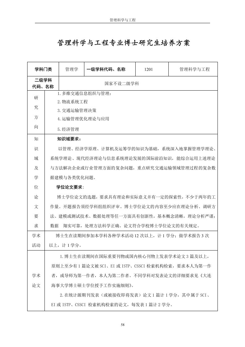 精选管理科学与工程专业博士研究生培养方案