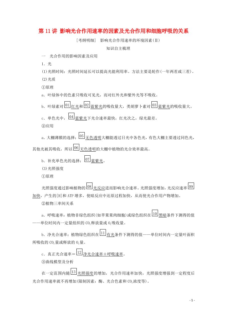 2021高考生物一轮复习第3单元细胞的能量供应和利用第11讲影响光合作用速率的因素及光合作用和细胞呼吸的关系学案新人教版必修1