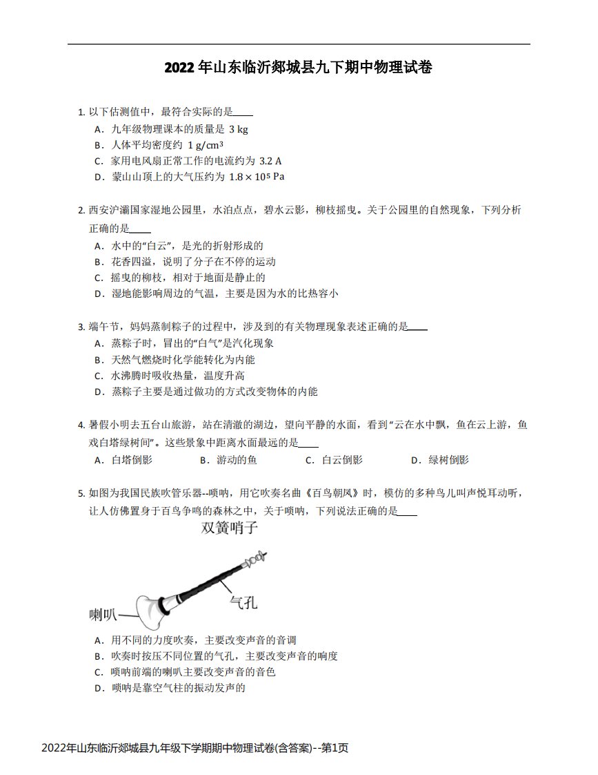 2022年山东临沂郯城县九年级下学期期中物理试卷(含答案)