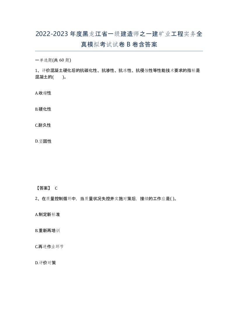 2022-2023年度黑龙江省一级建造师之一建矿业工程实务全真模拟考试试卷B卷含答案