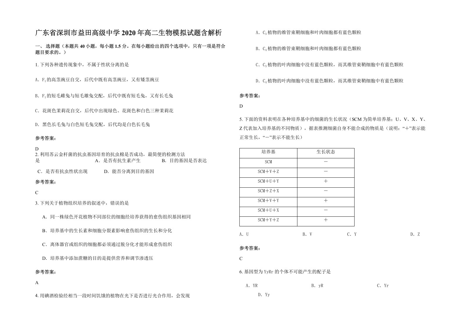 广东省深圳市益田高级中学2020年高二生物模拟试题含解析