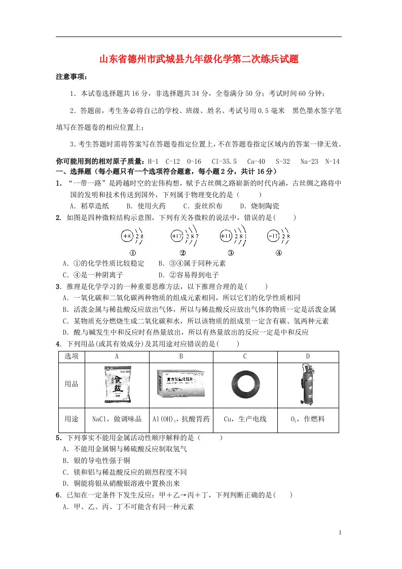 山东省德州市武城县九级化学第二次练兵试题