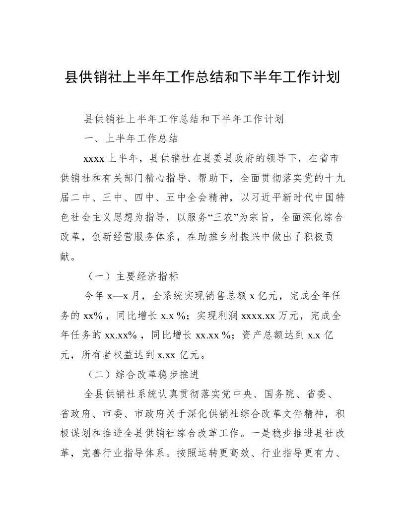 县供销社上半年工作总结和下半年工作计划