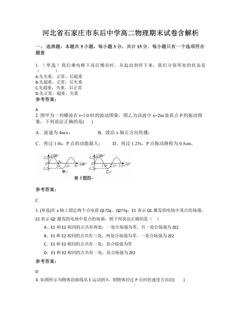 河北省石家庄市东后中学高二物理期末试卷含解析