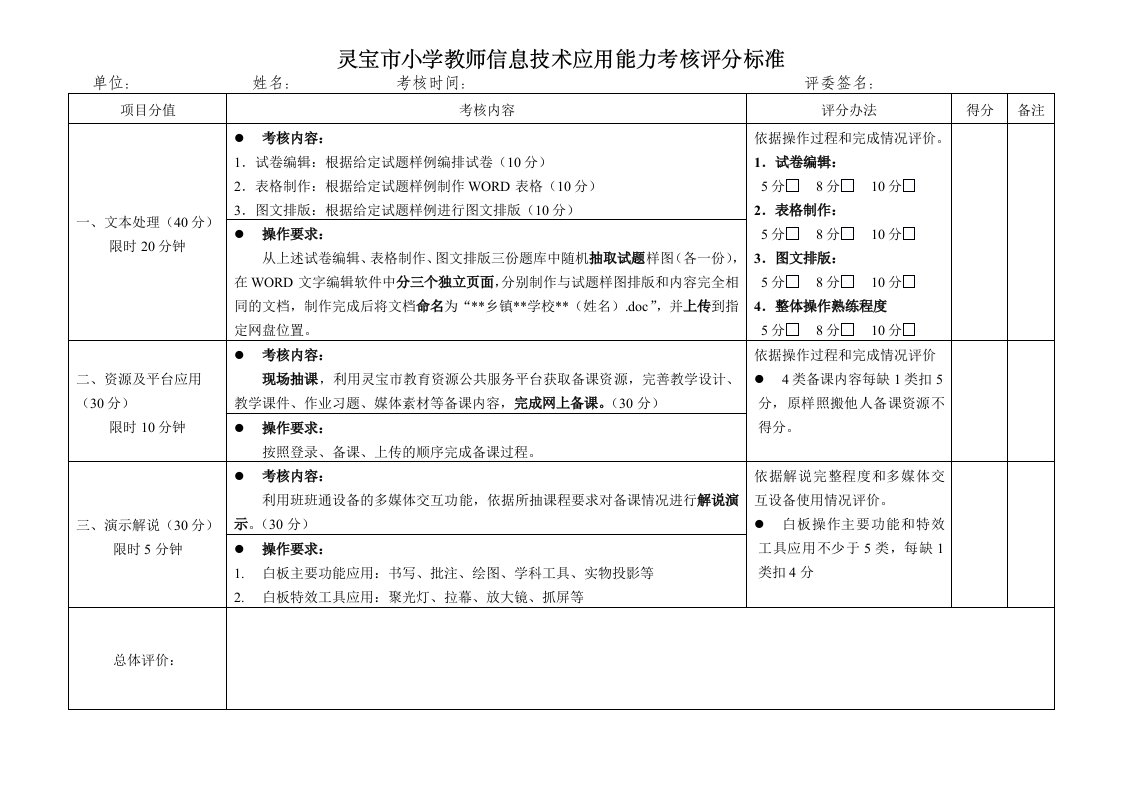 小学教师信息技术应用能力考核评分标准