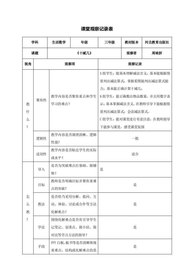 课堂观察记录表单(周咏妍）