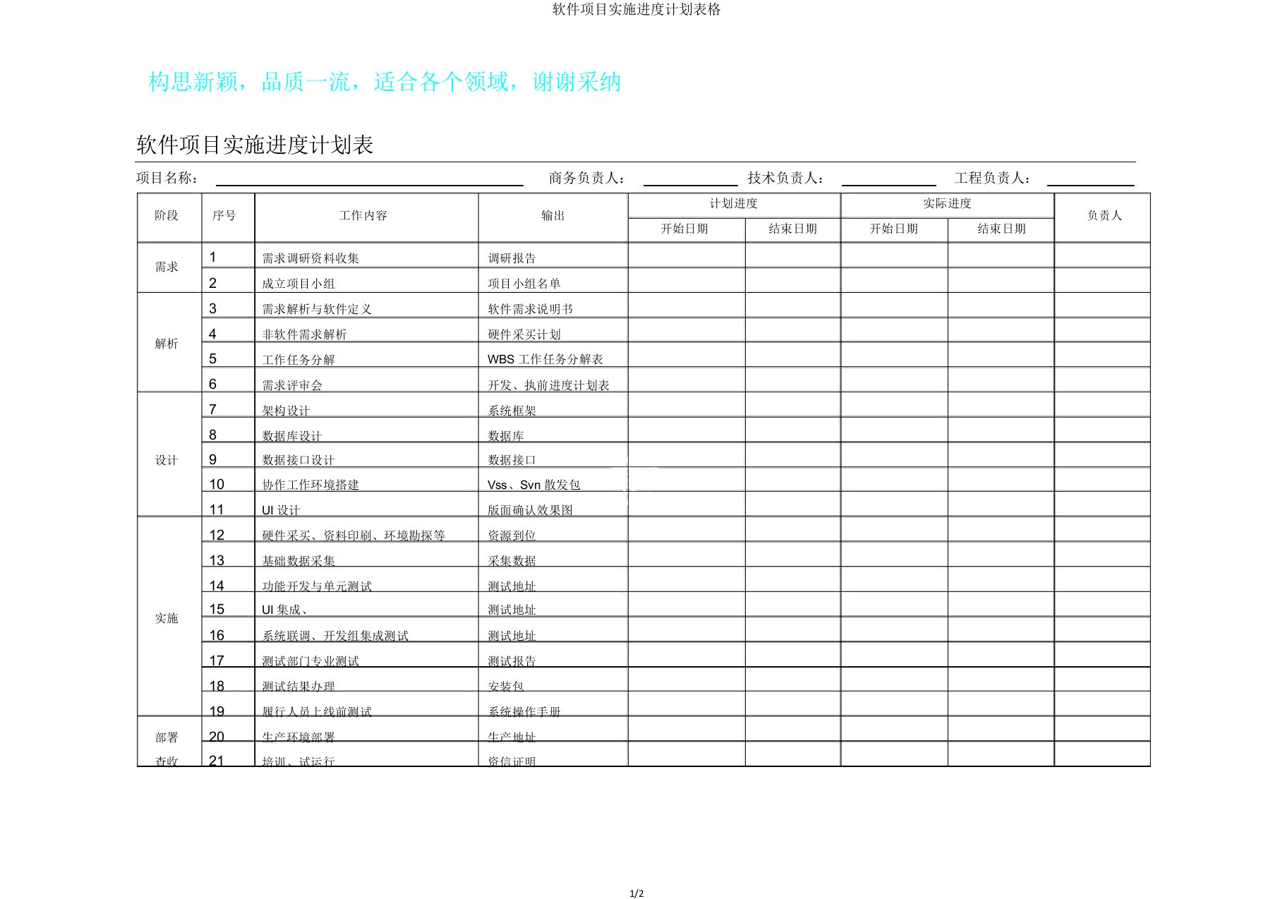 软件项目实施进度计划表格