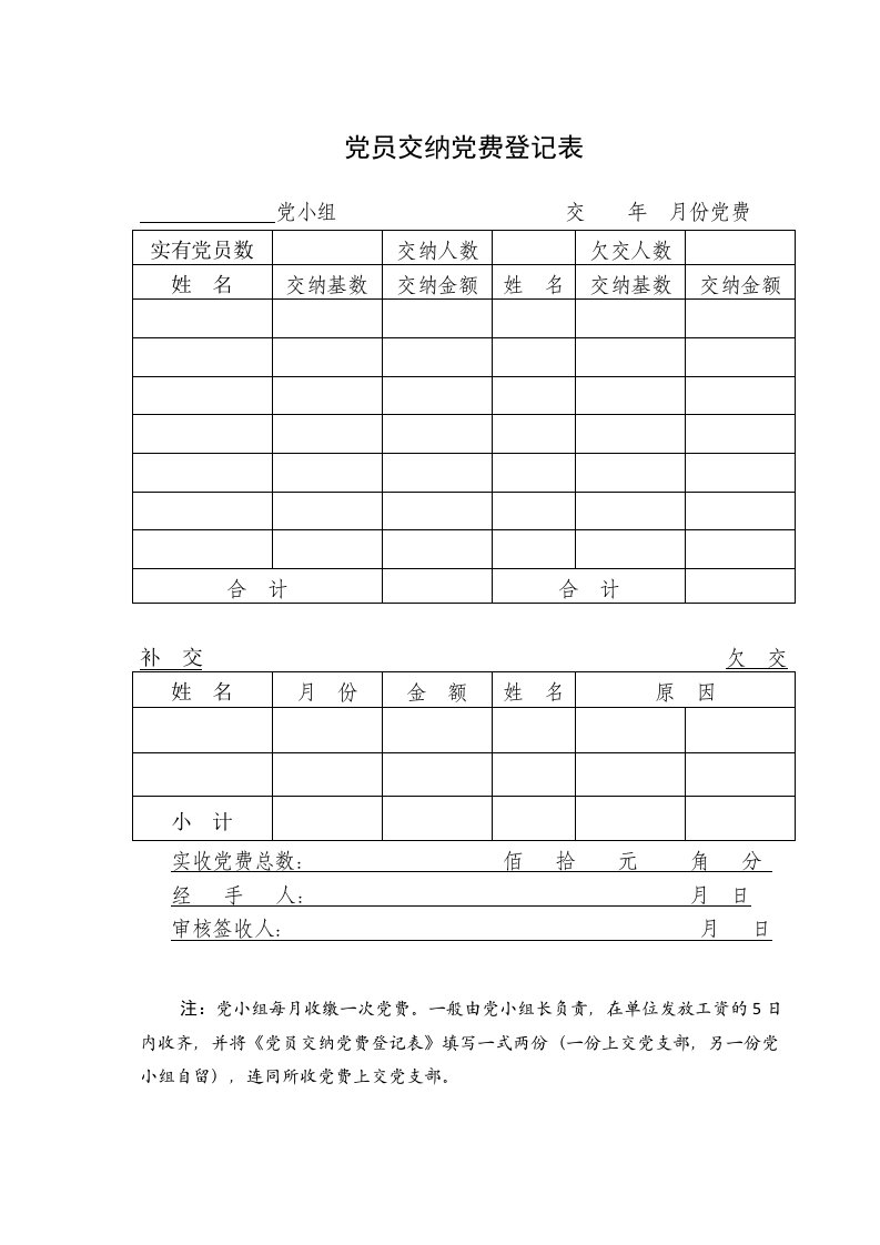 党员交纳党费登记表(及报告单)