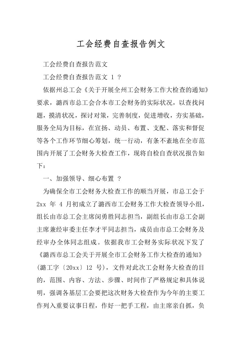 工会经费自查报告例文